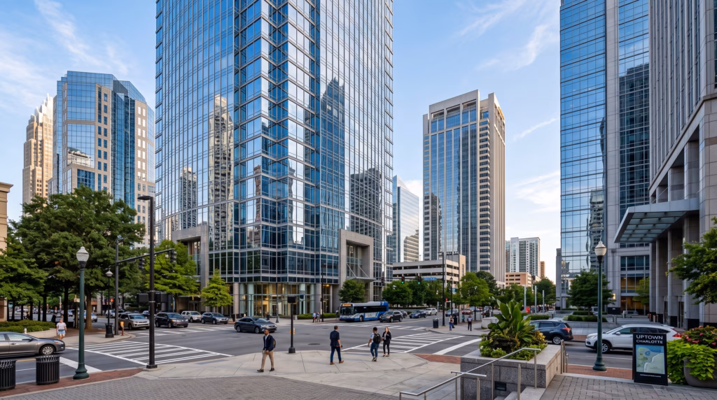 Detailed architectural photograph of the Charlotte office district, emphasizing crisp glass reflections and the structural textures of the skyscrapers.