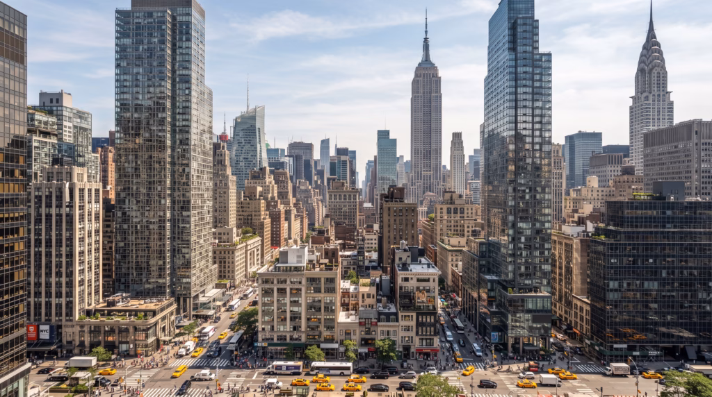 lifelike depiction of the Manhattan Central Business District, emphasizing the intricate textures of steel and glass on the skyscrapers.