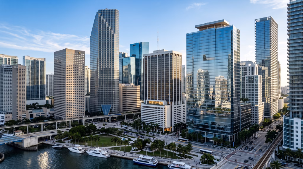 A lifelike depiction of the Miami central business district, focusing on crisp reflections across glass skyscraper facades, natural sunlight casting distinct shadows, and sharp architectural textures throughout the urban landscape.