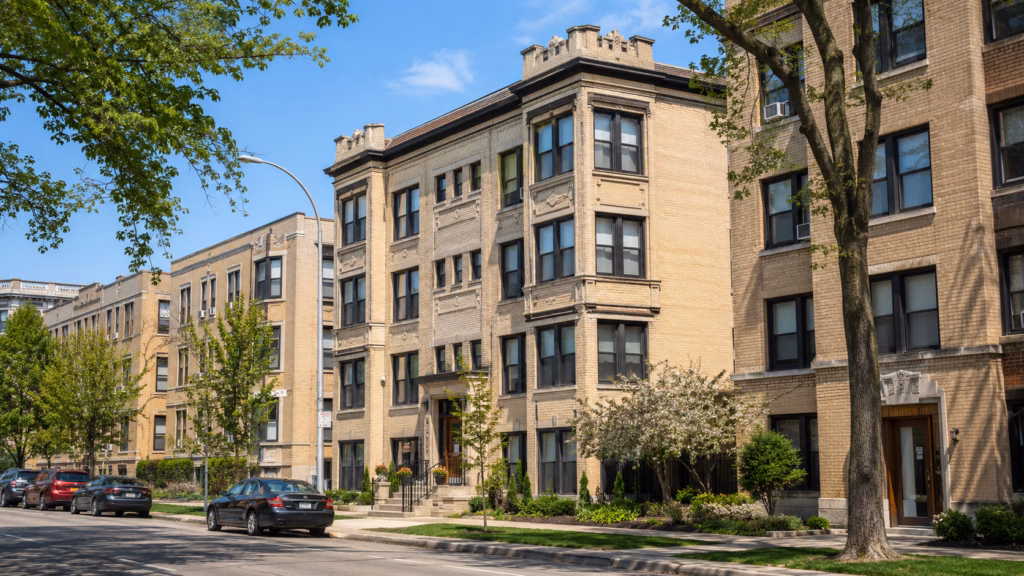 Milwaukee apartment communities featuring traditional Cream City brick facades, multi-level residential structures, and urban streetscapes, maintaining the original building layouts with refined textures, realistic daylight, and seasonal city landscaping.