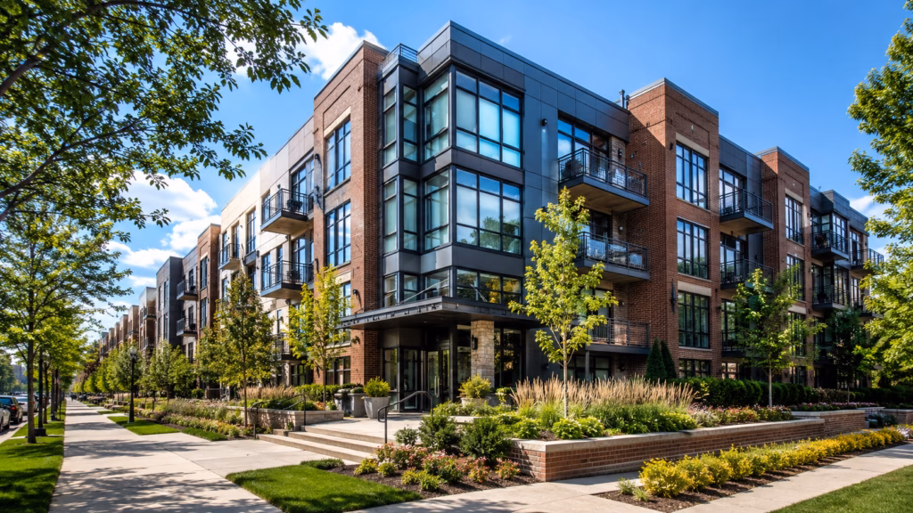 A modern apartment community characteristic of the Twin Cities, featuring a blend of classic red brick masonry and contemporary glass-paneled architecture.