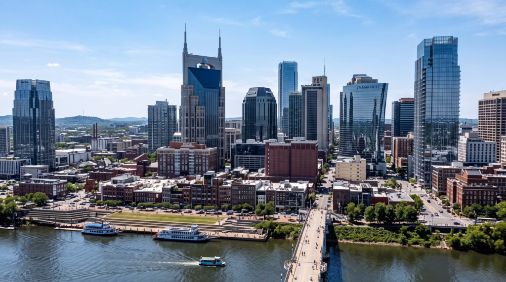 A lifelike rendering of the Nashville central business district, emphasizing the specific architectural details of the skyline and the glass textures of the skyscrapers.