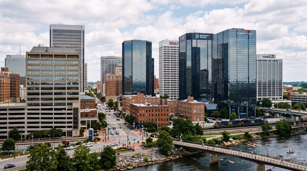 Photorealistic urban landscape of the Richmond central business district, capturing the specific architectural details and skyline of the city.