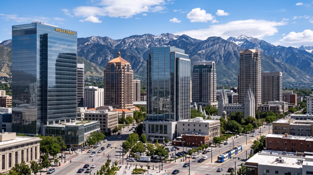 A realistic depiction of the Salt Lake City central business district with crisp architectural lines, authentic glass reflections on the skyscrapers, and natural daylight that emphasizes the textures of the urban environment and the surrounding mountain backdrop.