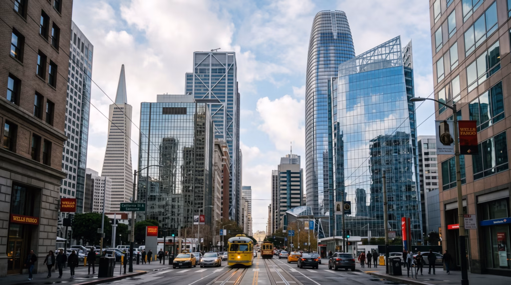 A detailed photorealistic depiction of the San Francisco office district, emphasizing the architectural textures of glass and steel skyscrapers.