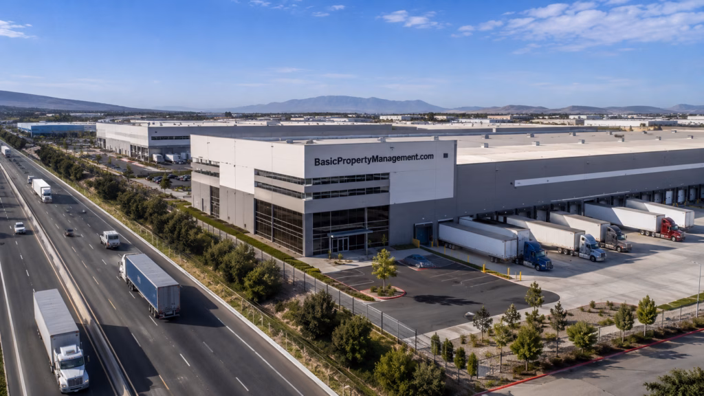 A modern distribution facility with active loading docks, trailers, highway access, and nearby manufacturing buildings.