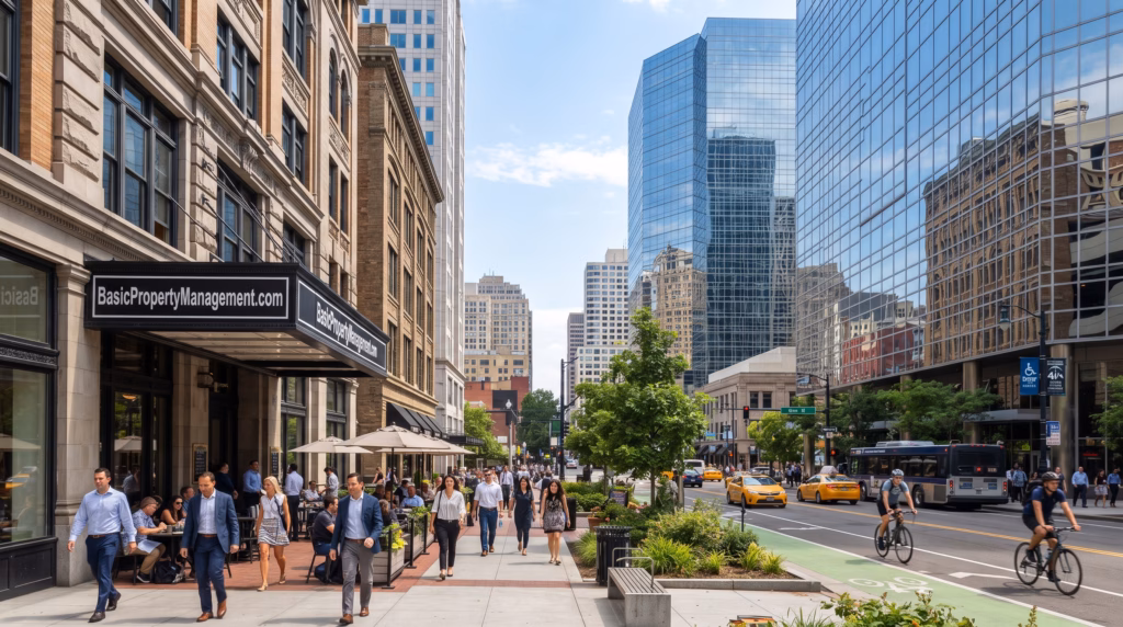 A modern U.S. business district showing a mix of occupied office towers, renovated older buildings, and active street-level uses.