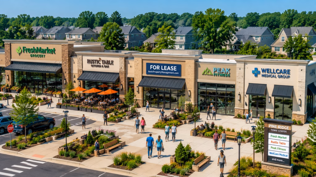 A busy open-air shopping center with grocery, restaurant, fitness, medical, and service tenants near established residential neighborhoods.