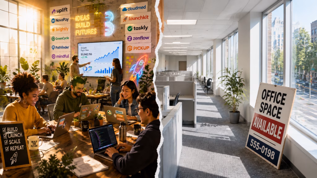 A conceptual split-screen image: on the left side, a vibrant and sunlit space filled with a diverse group of entrepreneurs launching new startups on laptops, surrounded by glowing upward-trending data visualizations and a flurry of colorful company logos; on the right side, a cavernous and dimly lit corporate office interior with long rows of empty, shadowed cubicles and a large "Office Space Available" sign leaning against a window overlooking a quiet street.