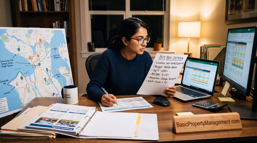 A focused individual at a desk, carefully comparing property options by referencing a handwritten "Buy Box" criteria list alongside detailed financial spreadsheets and annotated neighborhood maps. The scene emphasizes a methodical selection process with documents, charts, and data points spread across the workspace, illuminated by soft, task-oriented lighting. On the desk is a small plaque with the URL BasicPropertyManagement.com