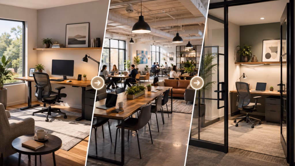 A visual transition illustrating modern professional environments, featuring a well-organized home office, a collaborative coworking area with open seating, and a compact, flexible private office suite. The scene highlights modern furniture, warm natural lighting, and a clean, contemporary aesthetic, focusing on functional design and a professional atmosphere tailored for individual entrepreneurs.