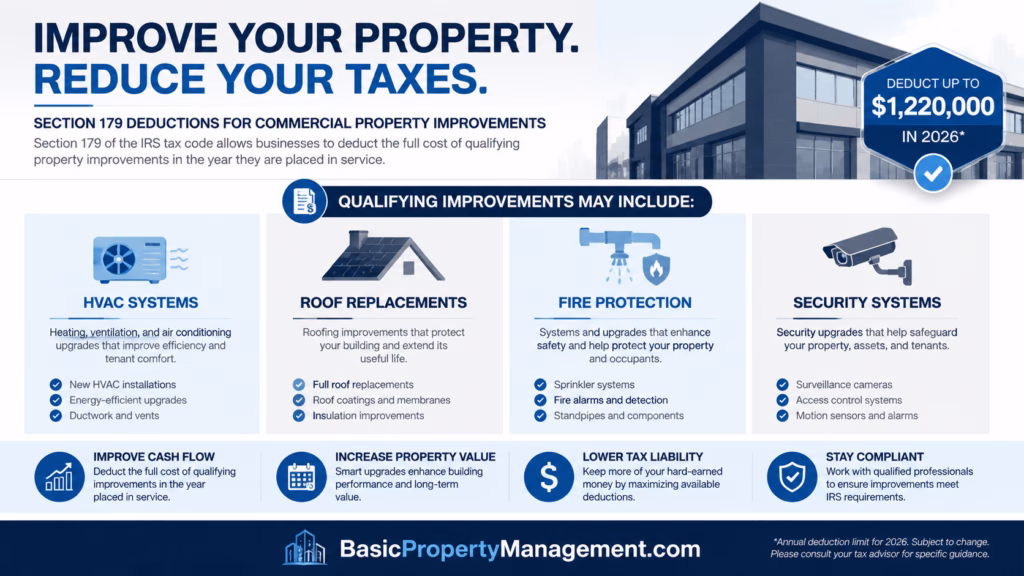 A professional business infographic illustrating commercial property improvements eligible for Section 179 tax deductions.