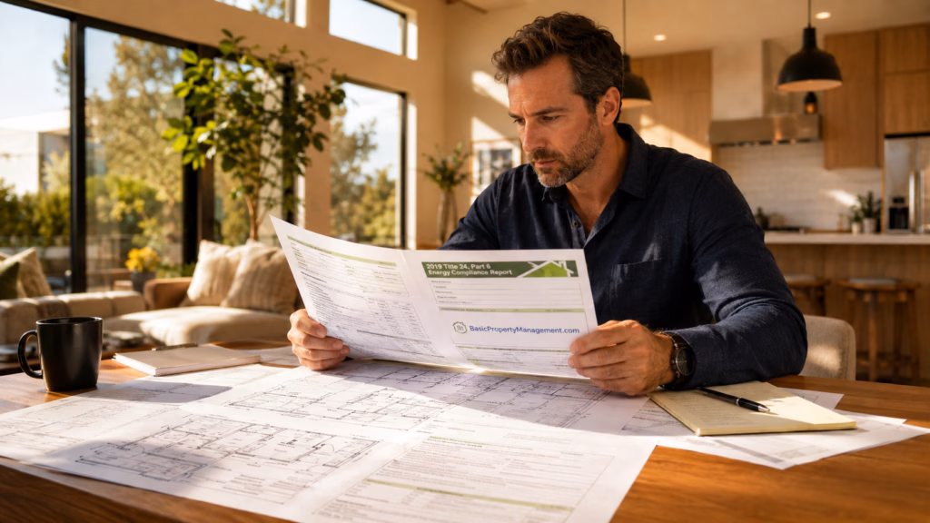 A professional residential investor in a sun-drenched, modern California rental home, carefully examining architectural blueprints and energy compliance documents.