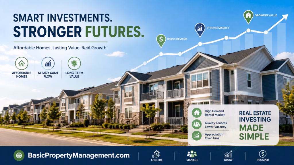 professional real estate investment graphic, emphasizing accessible residential properties for investors