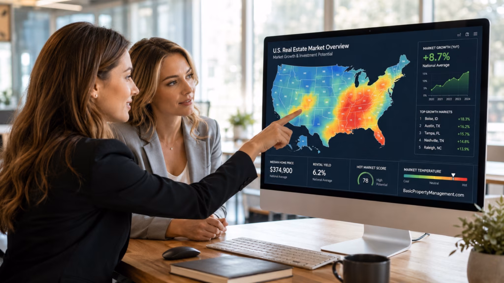 Two Millennial women in modern professional attire collaborate in a bright, contemporary office, focused on a large desktop monitor. The screen displays a detailed digital map of the United States featuring colorful heat maps, growth data, and real estate market statistics.