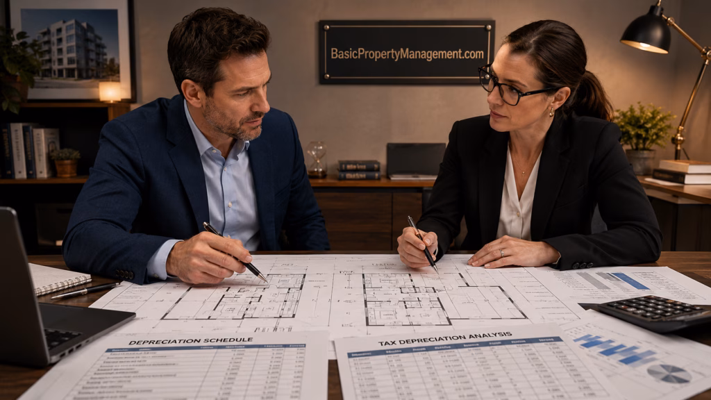 A professional scene showing a rental property investor and a tax adviser collaborating over a desk layered with architectural building plans and financial depreciation schedules.