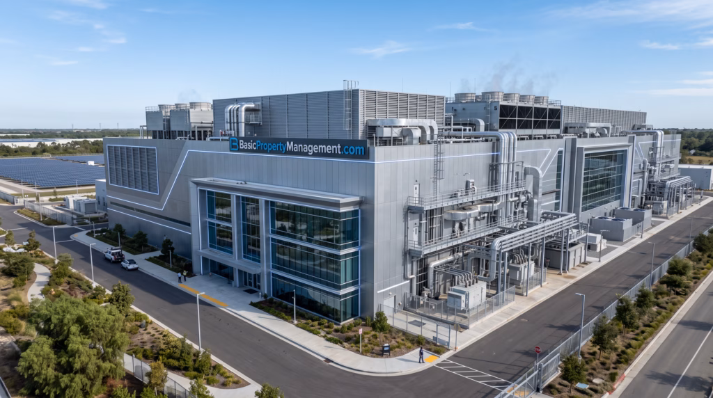 A sprawling architectural exterior of a modern AI data center characterized by sleek industrial metallic textures and glass surfaces.