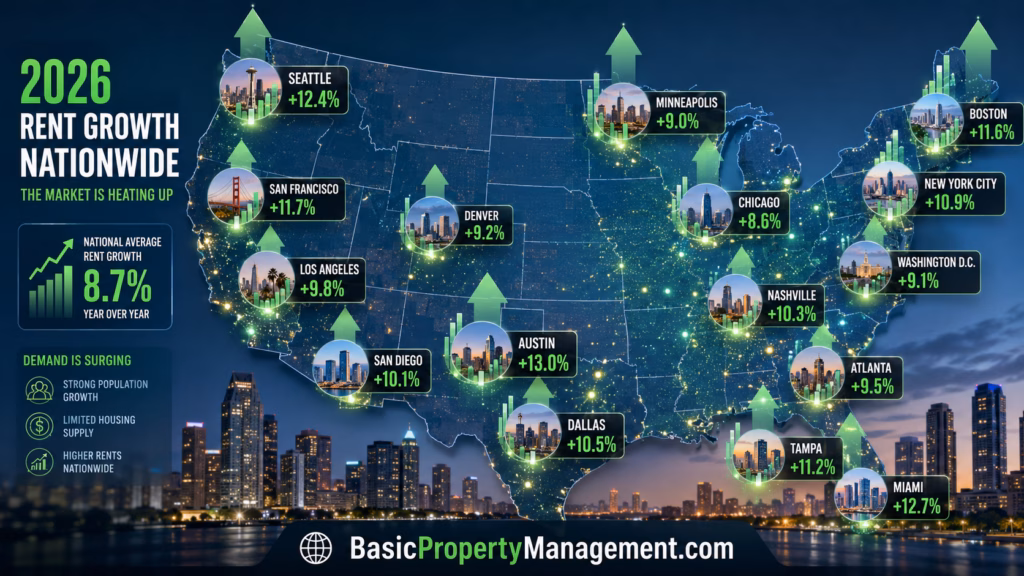 A clean visualization of the United States map featuring glowing data points and rising financial charts over major metropolitan areas to indicate rapid rent growth.