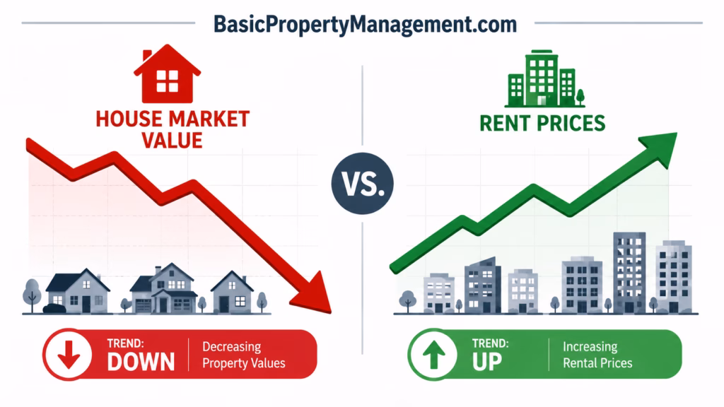 A split-direction data graphic showing a house-value arrow moving downward and a rent arrow moving upward