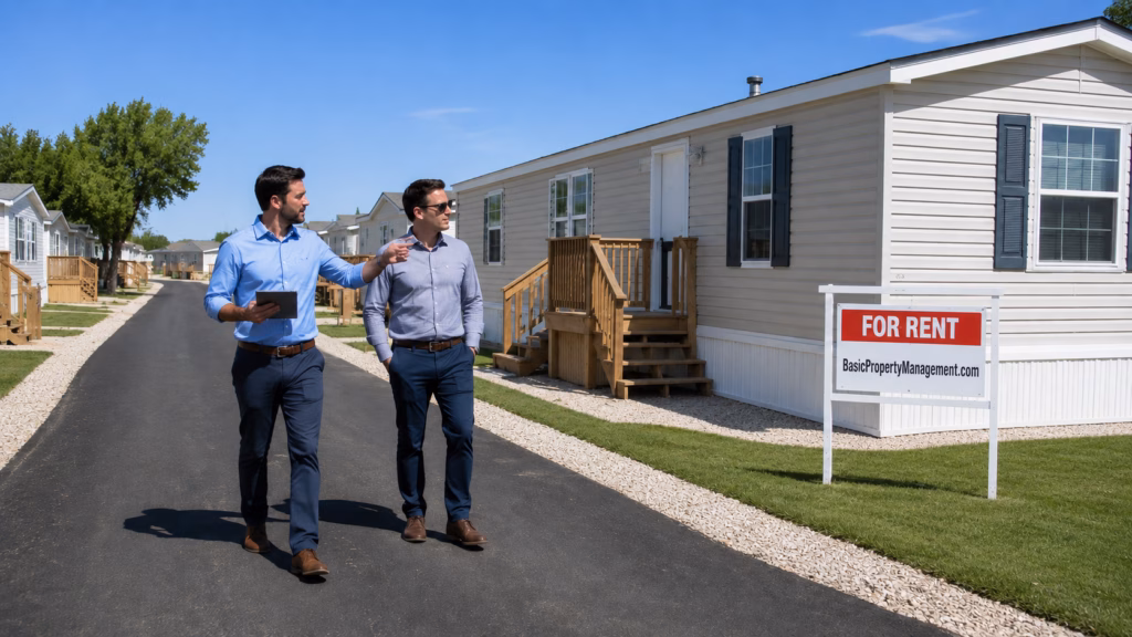 Two male real estate investors in business casual attire walk along a paved road through a sprawling manufactured housing community in rural Texas.