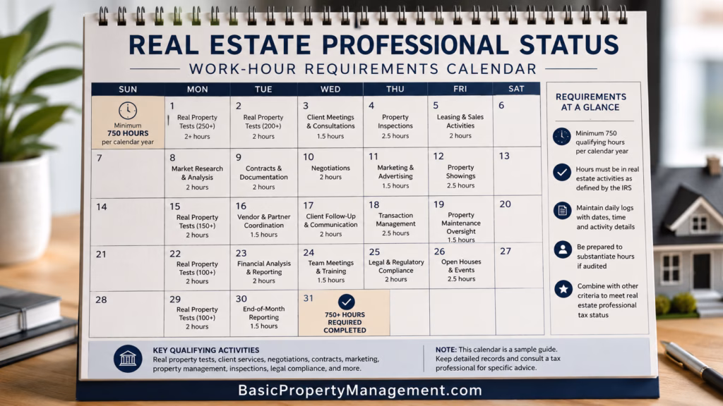 A professional calendar with a clean layout illustrating the specific work-hour requirements for real estate professional status.