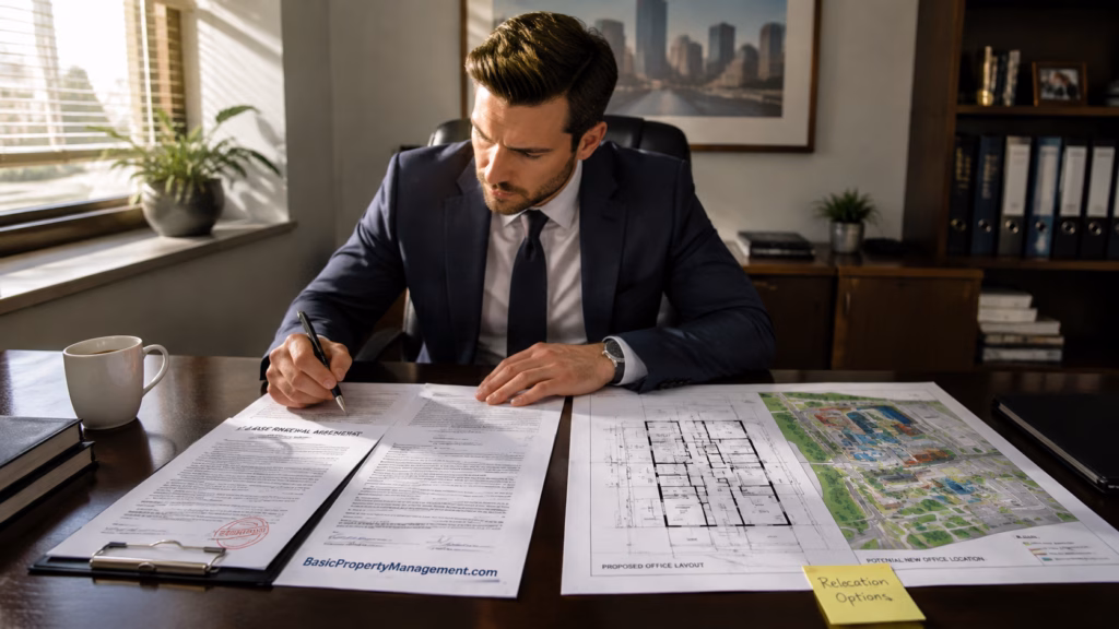 A professional in a business suit sits at a polished office desk, intensely reviewing two different sets of documents spread out side-by-side.