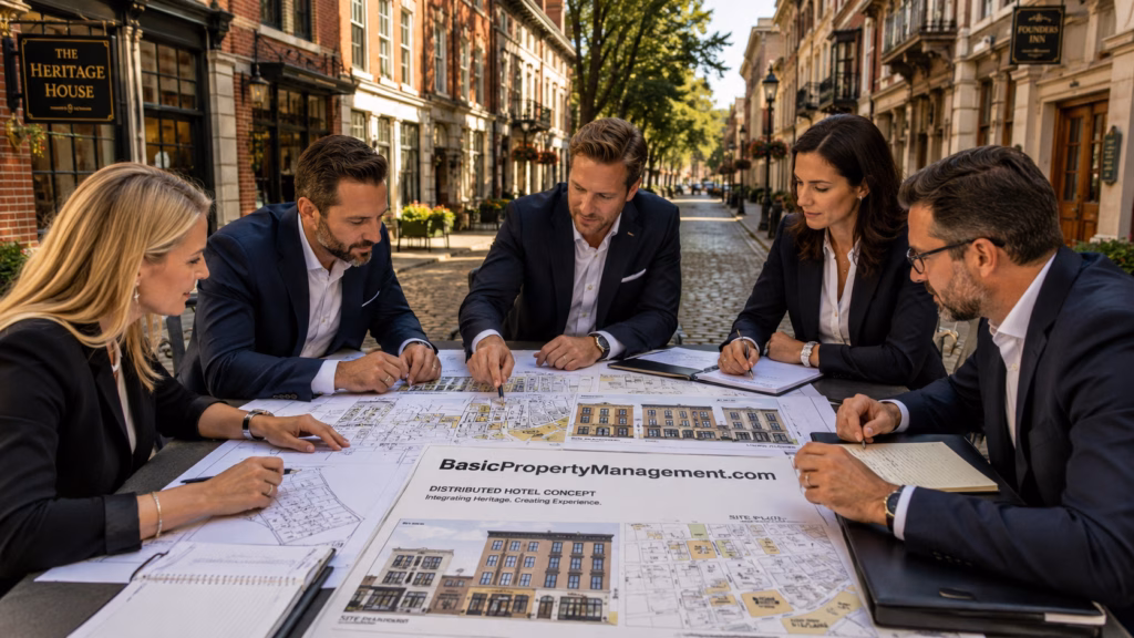 A group of professional property investors in business attire gathered around a table, reviewing detailed architectural blueprints and site maps of several adjacent heritage buildings.