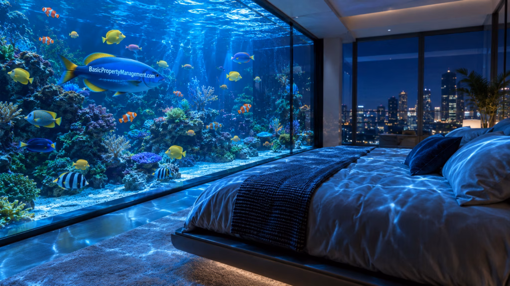A modern apartment interior featuring a massive, floor-to-ceiling aquarium teeming with vibrant tropical fish, positioned directly adjacent to a sleek water bed.