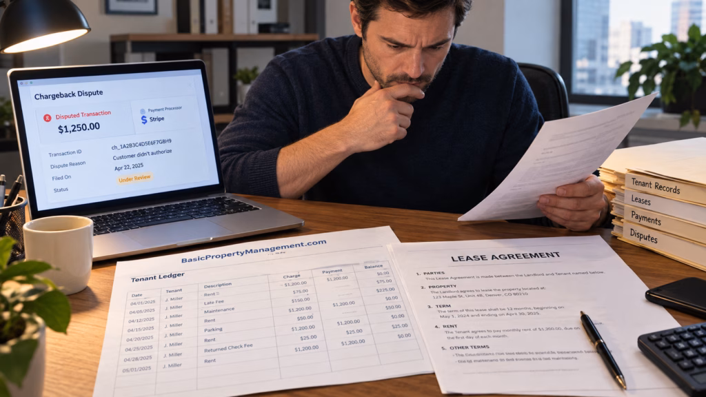 A landlord focused on reviewing financial documents at a desk, emphasizing the detail on a tenant ledger, a printed lease agreement, and a prominent chargeback notice from a payment processor.