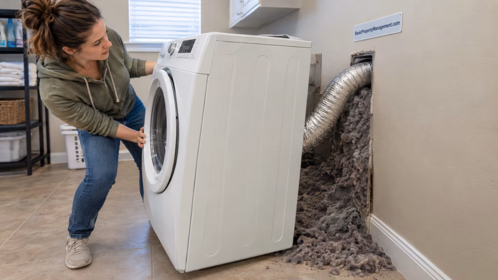 A photorealistic scene in a laundry room showing a woman in casual clothes leaning back as she pulls a white front-loading dryer away from a wall.
