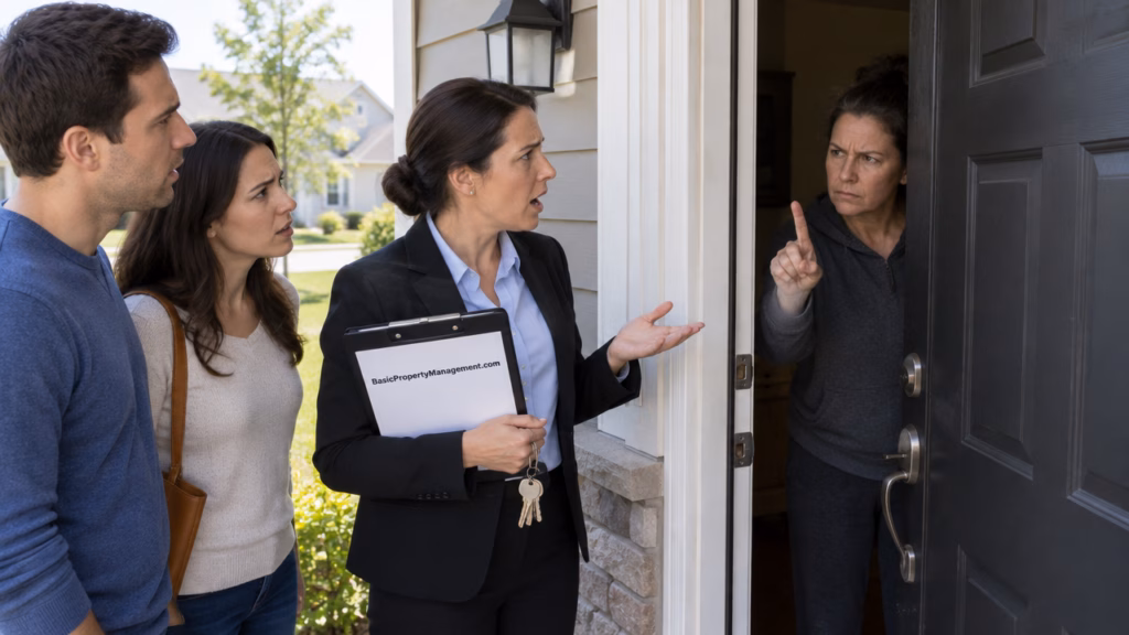 A professional property manager holding a clipboard and a set of keys stands at the threshold of a suburban house alongside a hopeful couple looking to rent.