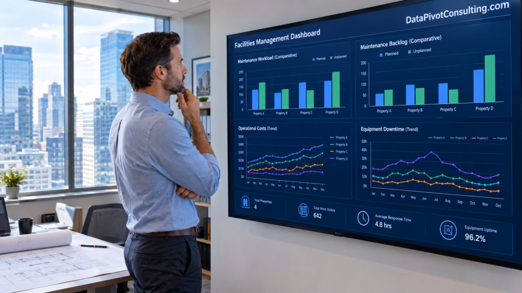 A professional facilities manager in business-casual attire stands before a large, wall-mounted digital dashboard in a modern office.