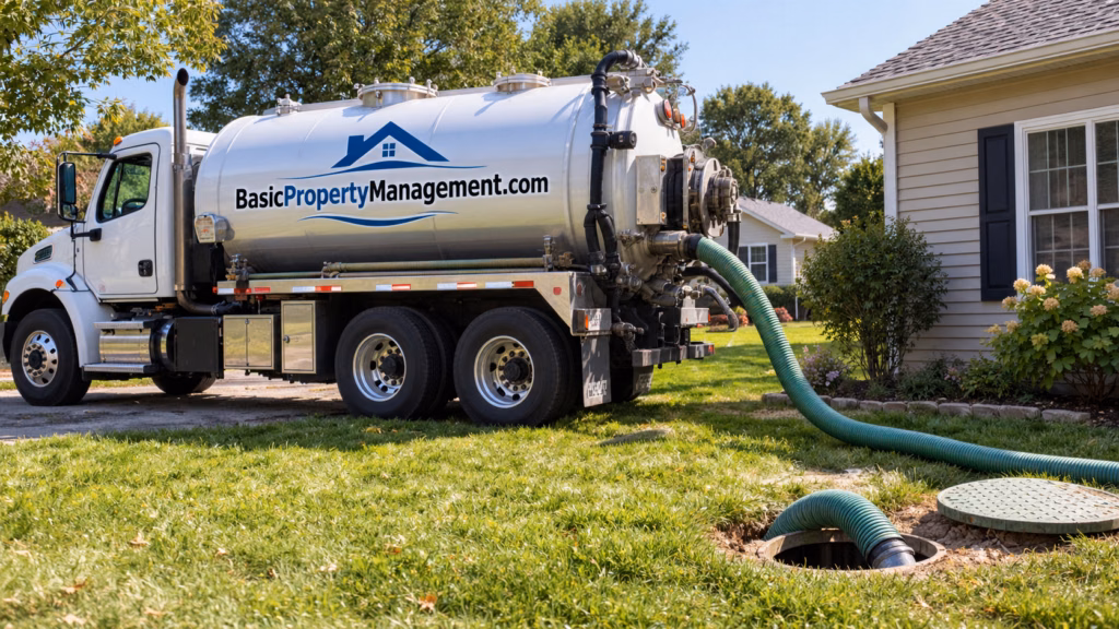 A professional septic vacuum truck positioned beside a suburban house, with thick suction hoses extending from the vehicle to an open septic tank access point in the yard.