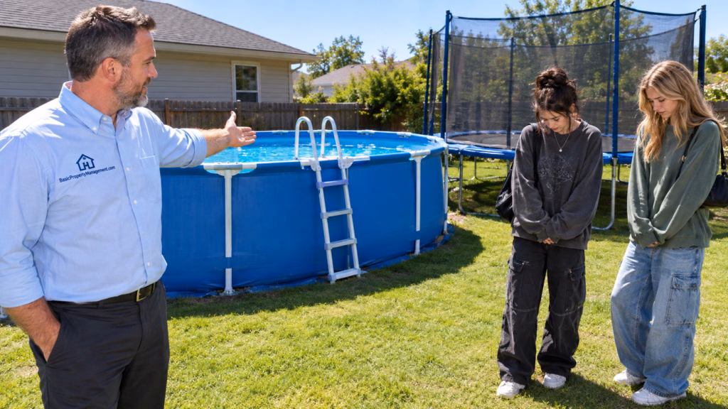 A landlord in a collared shirt stands in the backyard of a rental house, gesturing toward a large, blue above-ground pool and a tall trampoline.