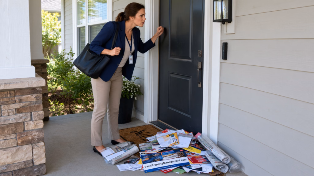 A professional property manager in business-casual attire stands at the front door of a rental house, her hand poised to knock again.